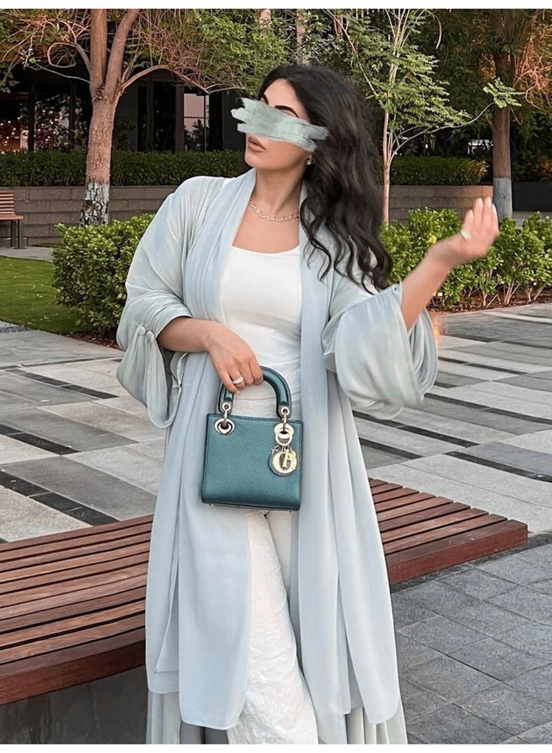 KHAJUL Women's Open Front Abaya, Shiny Lurex Fabric Long Modest Robe, Flowy Solid Color Full Length Dress, for Ramadan, Eid Al-Adha, Party Fits Height 165-170 CM, Green - Image 2